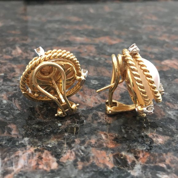 Tiffany & Co. 18K Yellow Gold Platinum Schlumberger Mabe Pearl Diamond Earrings - Picture 2 of 6